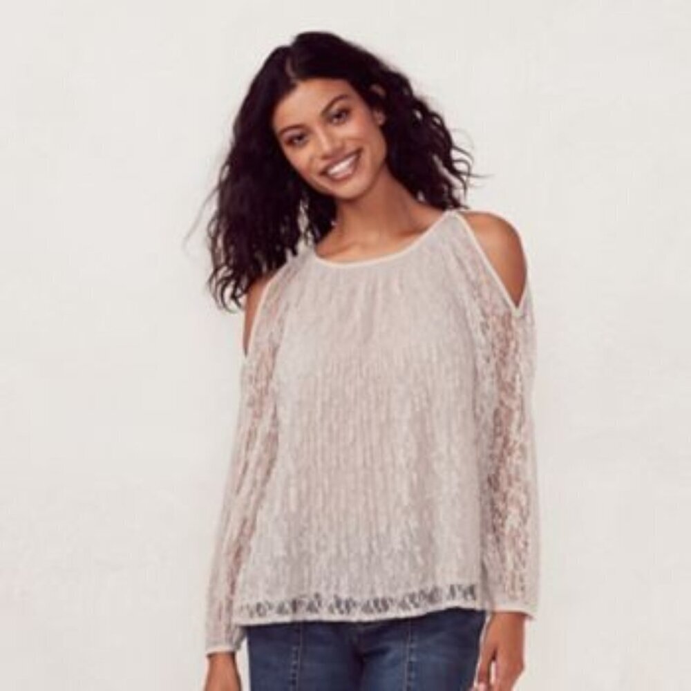 Lauren Conrad Lace Pleated Cold Shoulder Top Size Small
